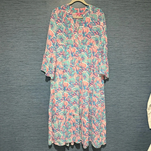 Simply Southern Maxi Dress Large Tiered Floral Pink Turquoise - Picture 1 of 8